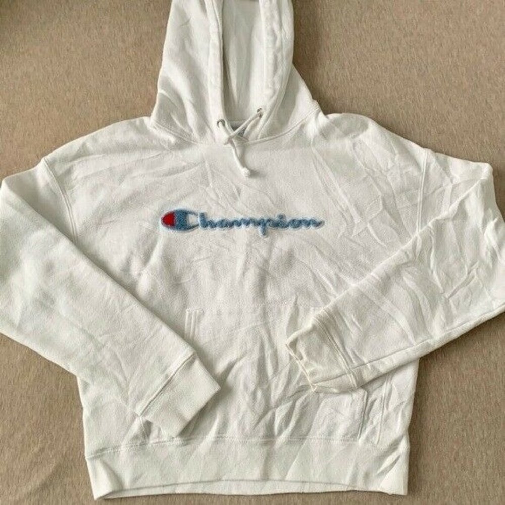 Champion reverse weave white hoodie women’s medium blue logo sweatshirt sport